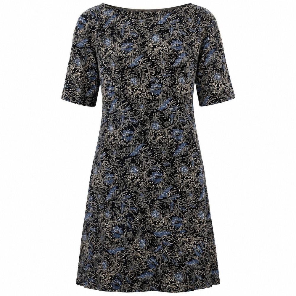 Title Nine Buttah Dress Women Medium Blue Black Floral Batik Short Sleeve Pocket